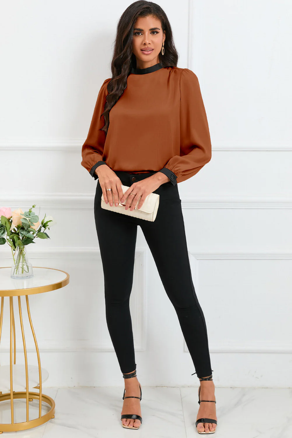 Satin Carmel and black tie blouse